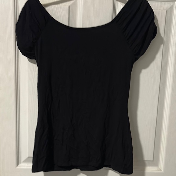 White House Black Market Black Ruched Flutter Sleeve Blouse - Picture 4 of 4